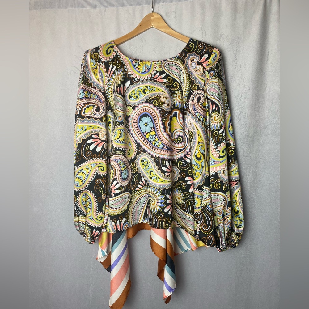 Coco Bianco Multicolor Paisley Mixed Print Boho Blouse Colorful Festival M